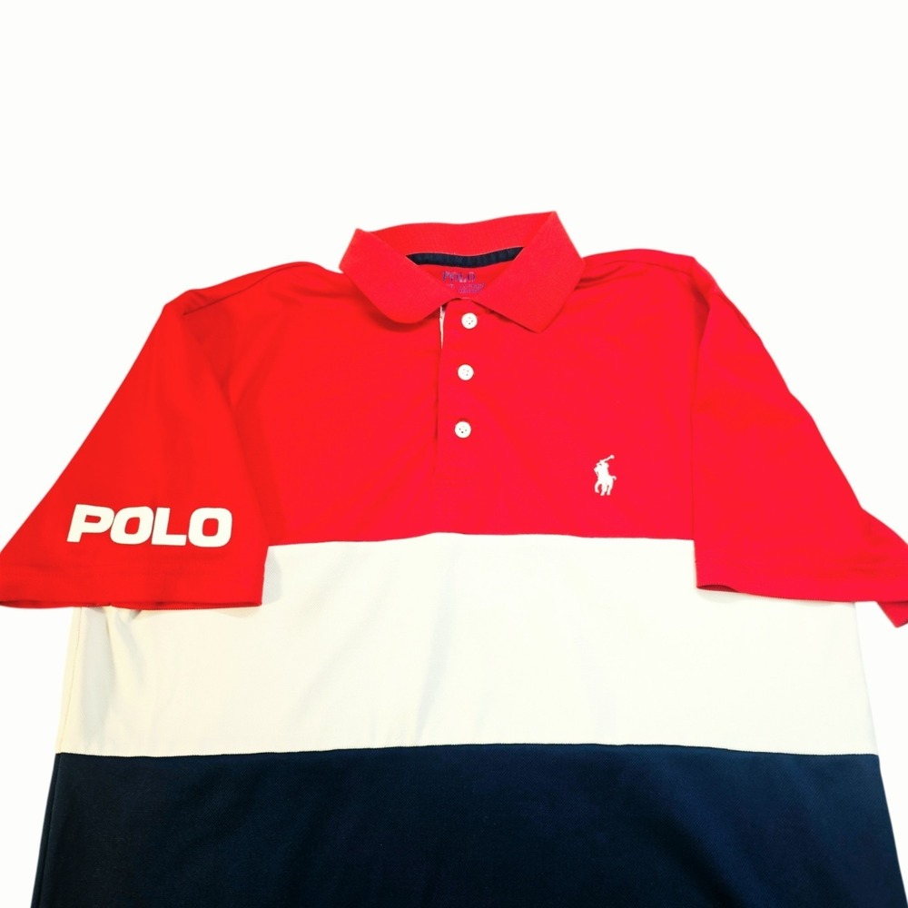 Polo‎ Ralph Lauren Performance Men's Polo Shirt S Red White Navy Blue Colorblock